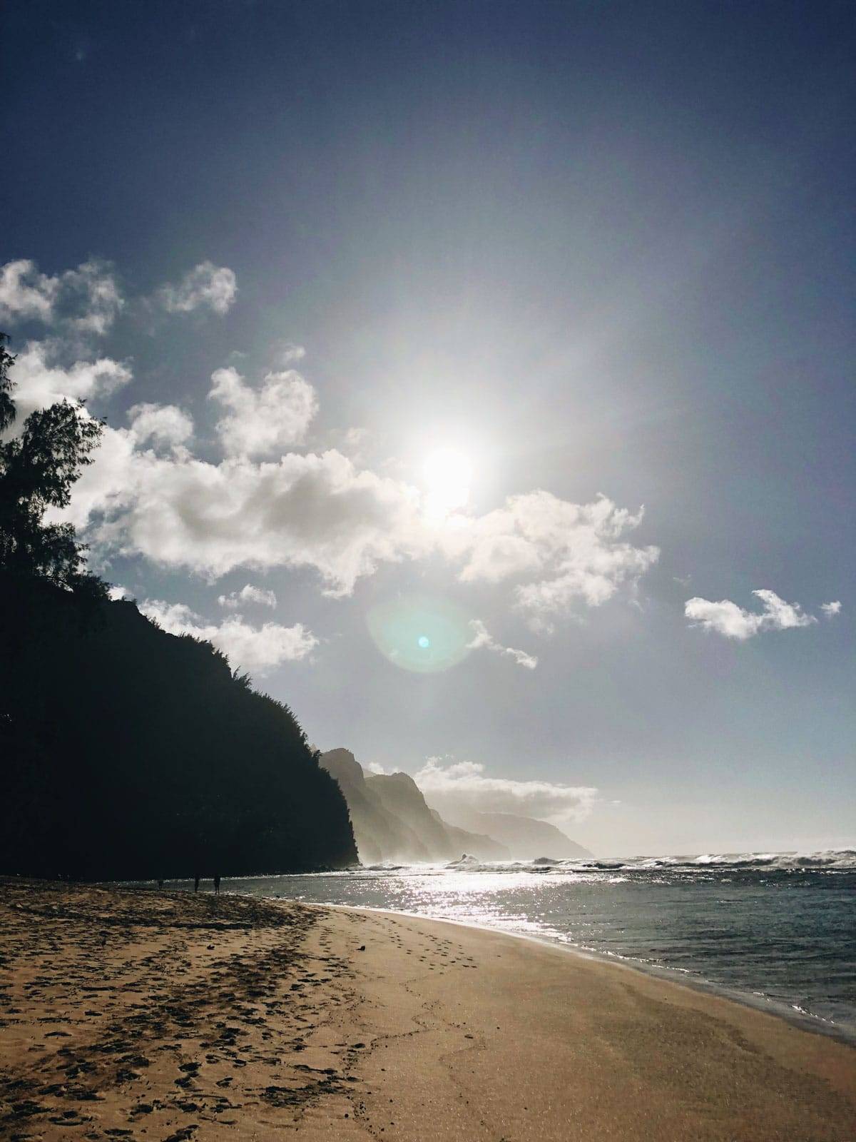 Beach and mountains.