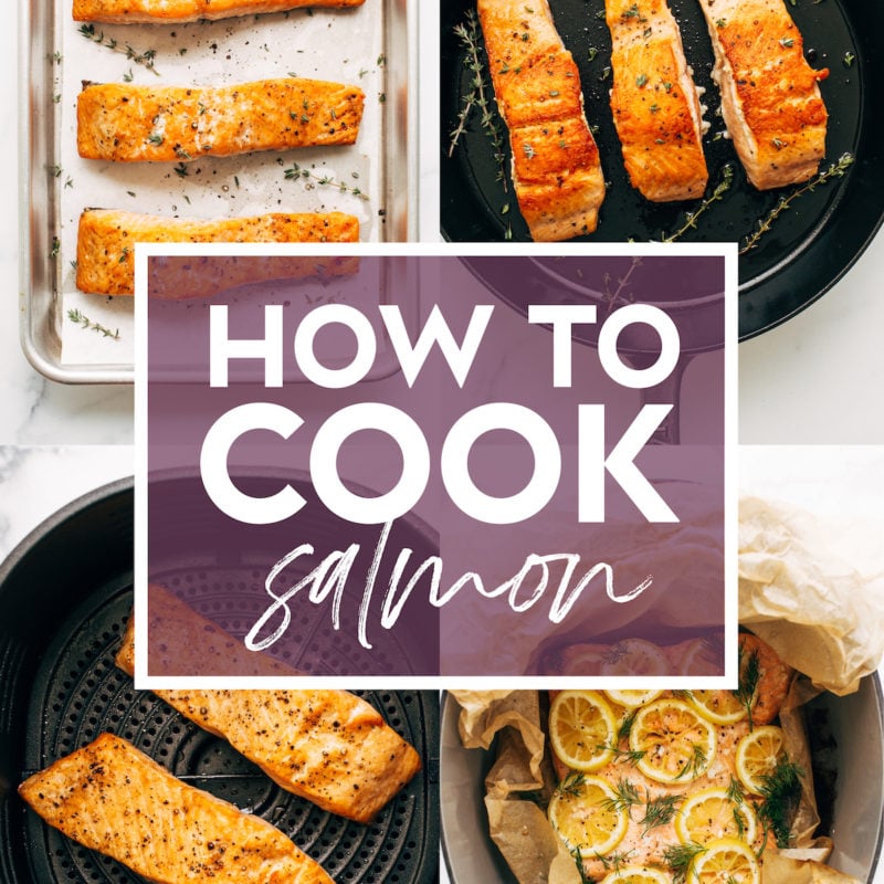 Collage of four methods for how to cook salmon.