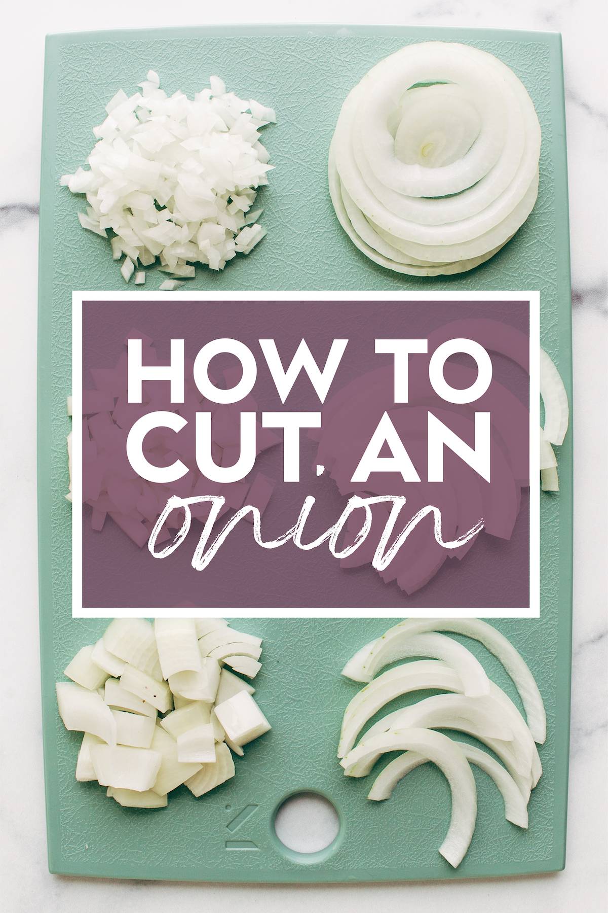 Cuts of onions that says "how to cut an onion".