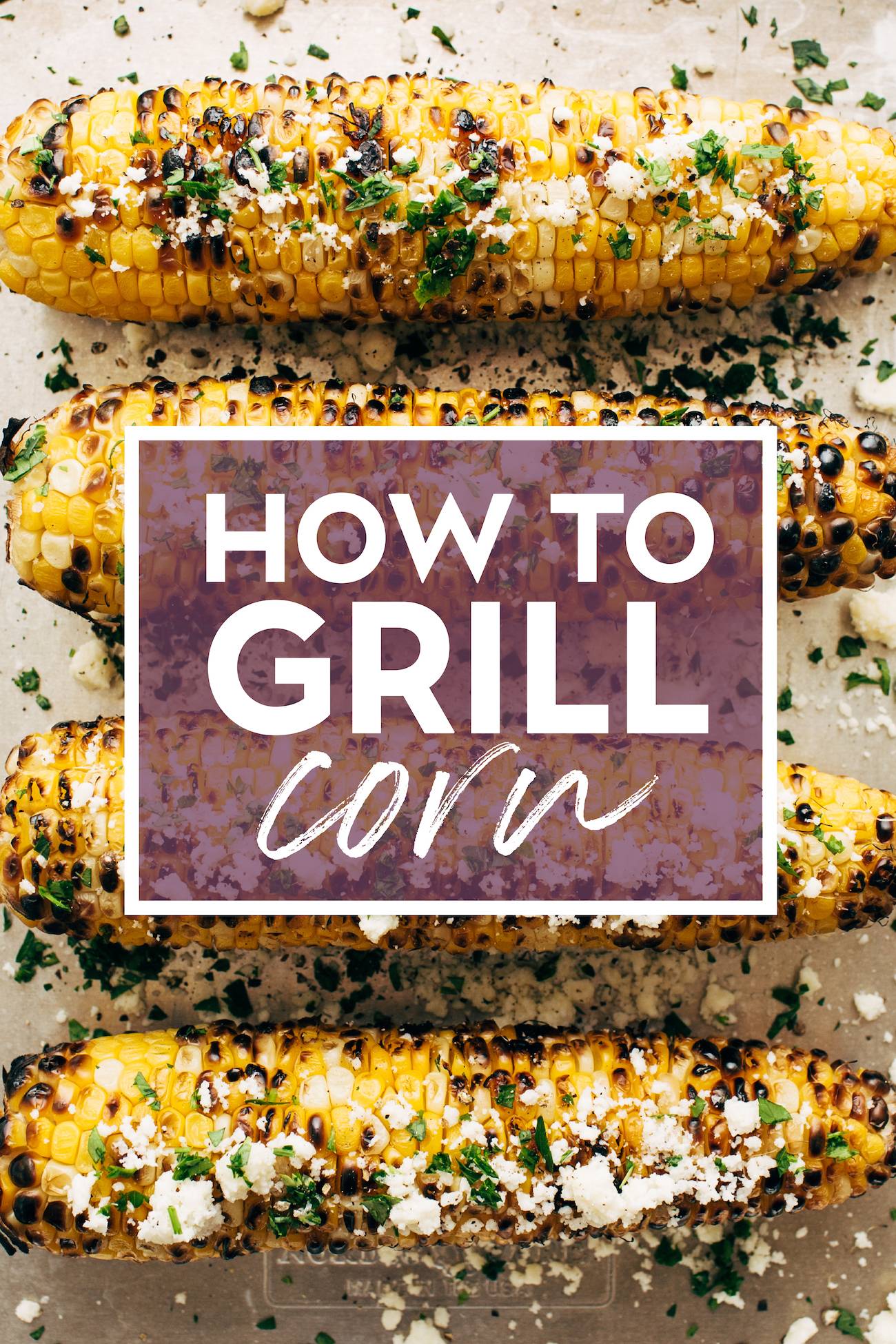 Four ears of grilled corn with text overlay that says "How to grill corn".