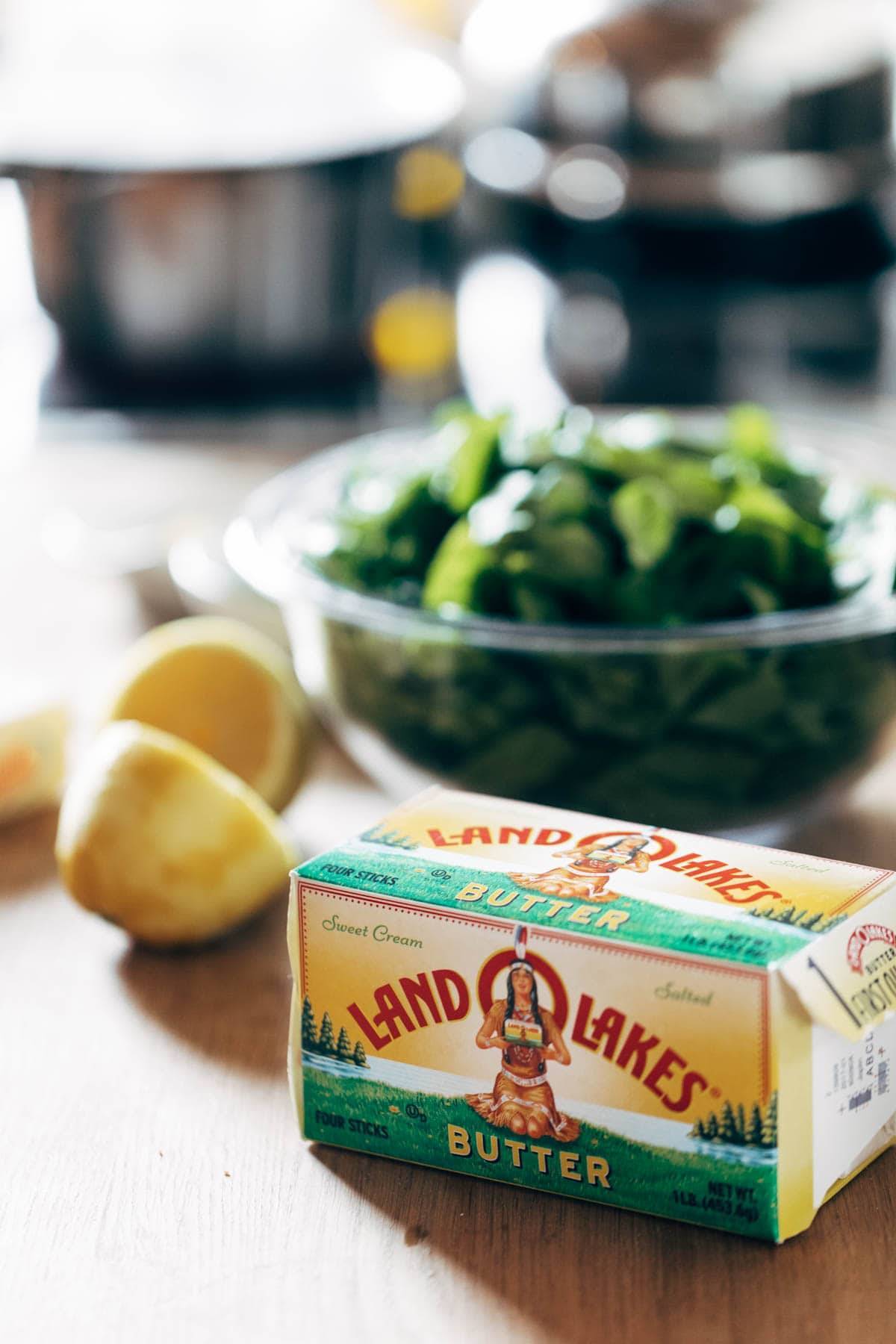 Land O'Lakes butter with lemons and spinach.