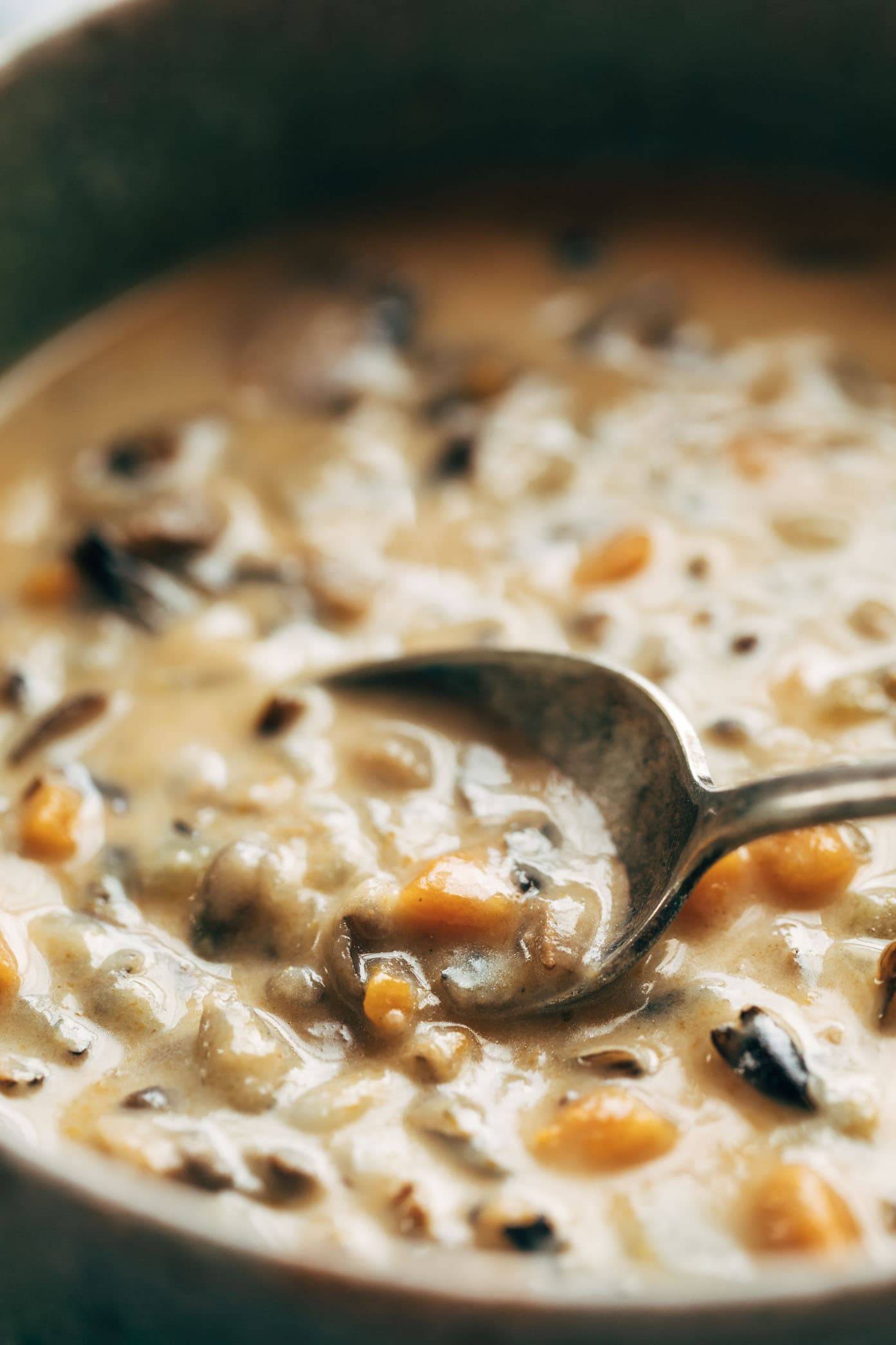 Wild Rice Soup in a bowl with a spoon.