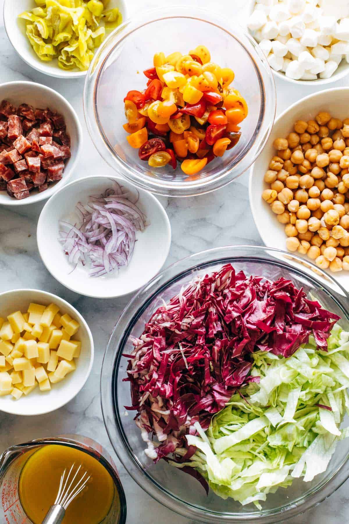 Ingredients in bowls for chop salad.