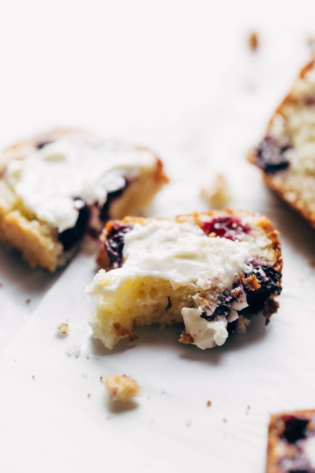 Blueberry Lemon Bread with bite taken out.