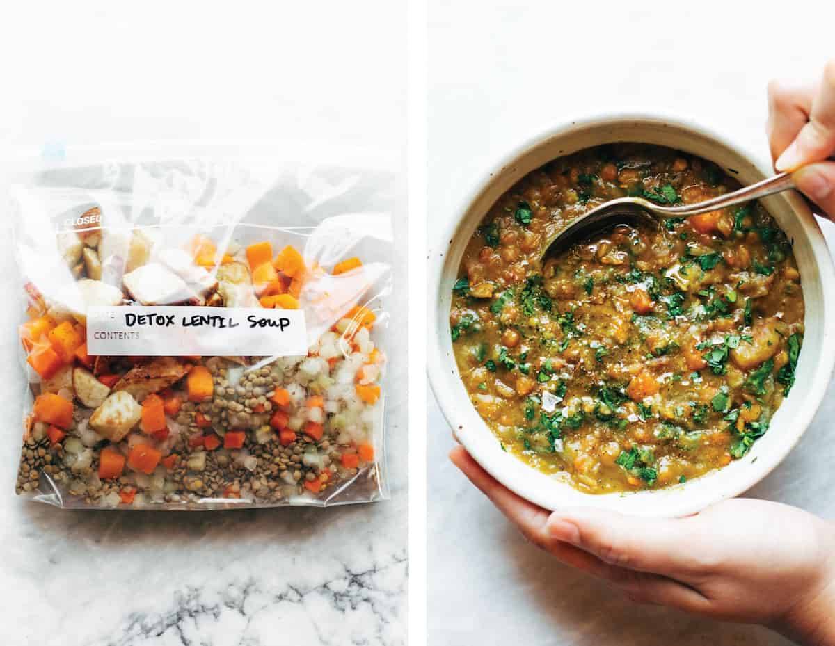 Lentil soup in a ziploc bag next to a bowl of soup.