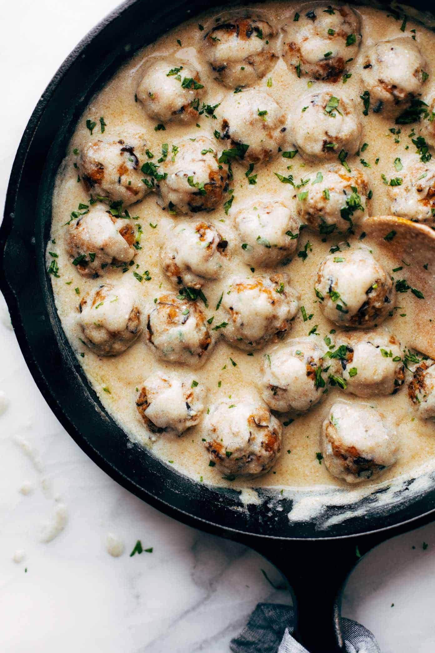 Vegetarian Swedish Meatballs in pan with gravy.