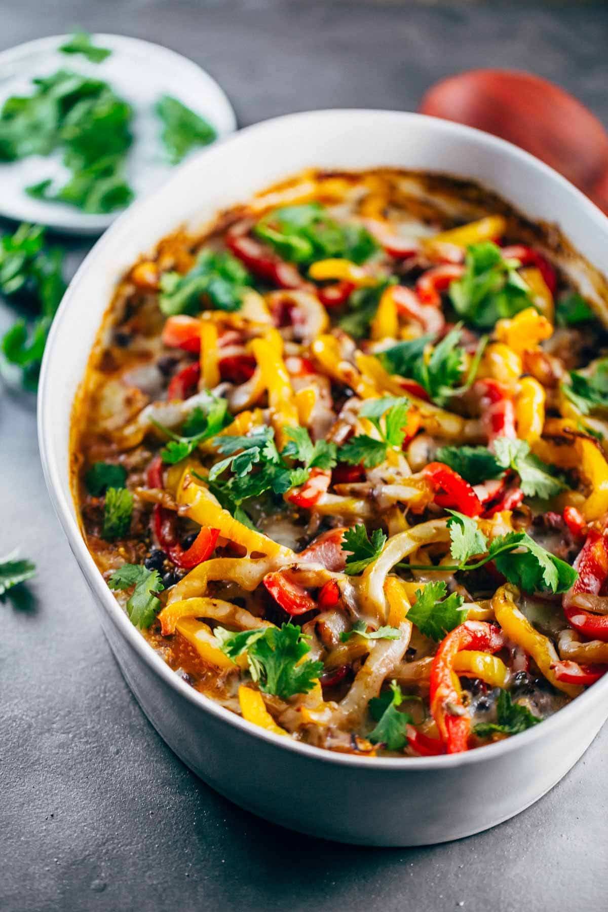 Mexican Chicken Quinoa Casserole in a white baking dish.