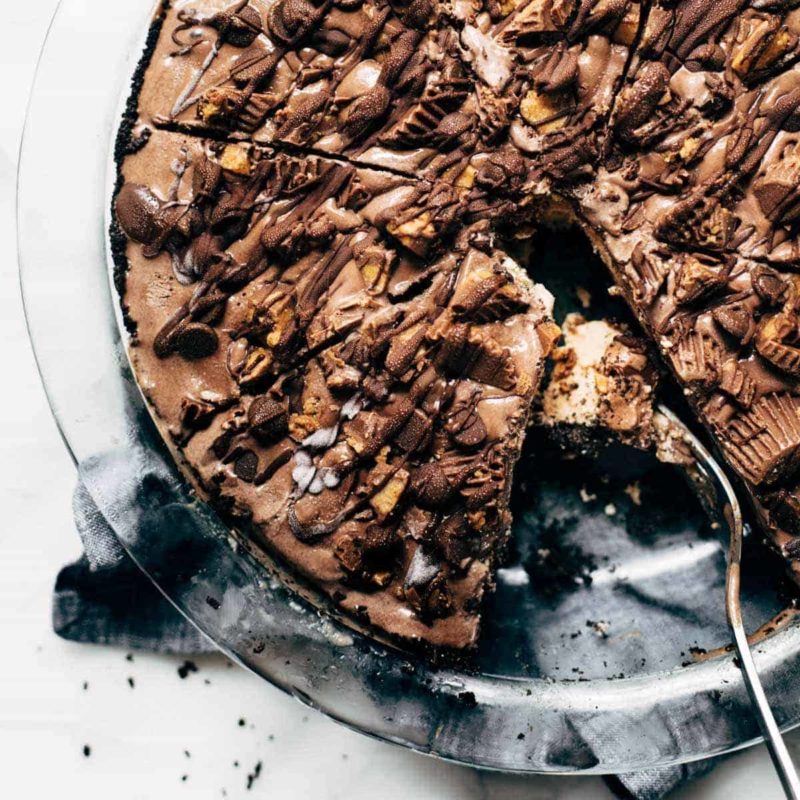 Mocha Peanut Butter Pie in a pie dish with spatula.