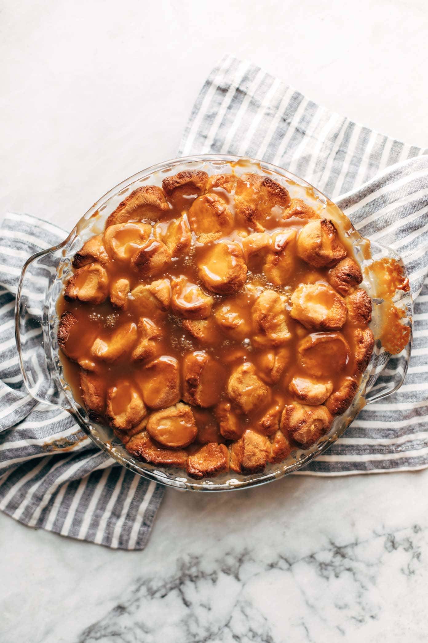 Gooey Caramel Monkey Bread in a bowl.