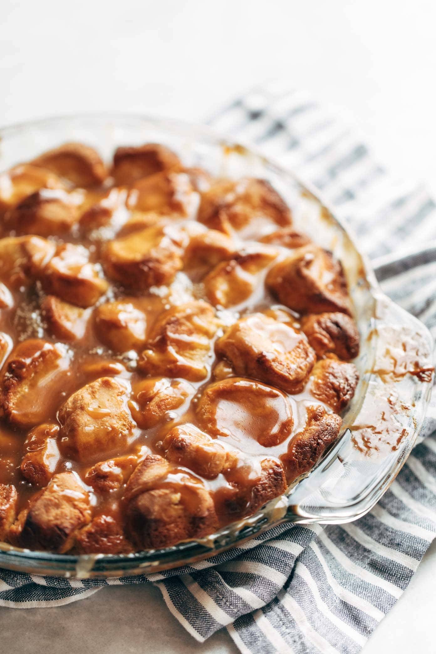 Gooey Caramel Monkey Bread in a dish.