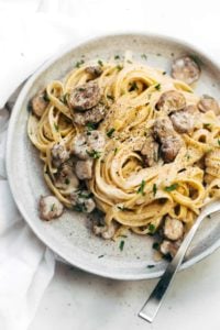 Mushroom Fettuccine on plate with fork.