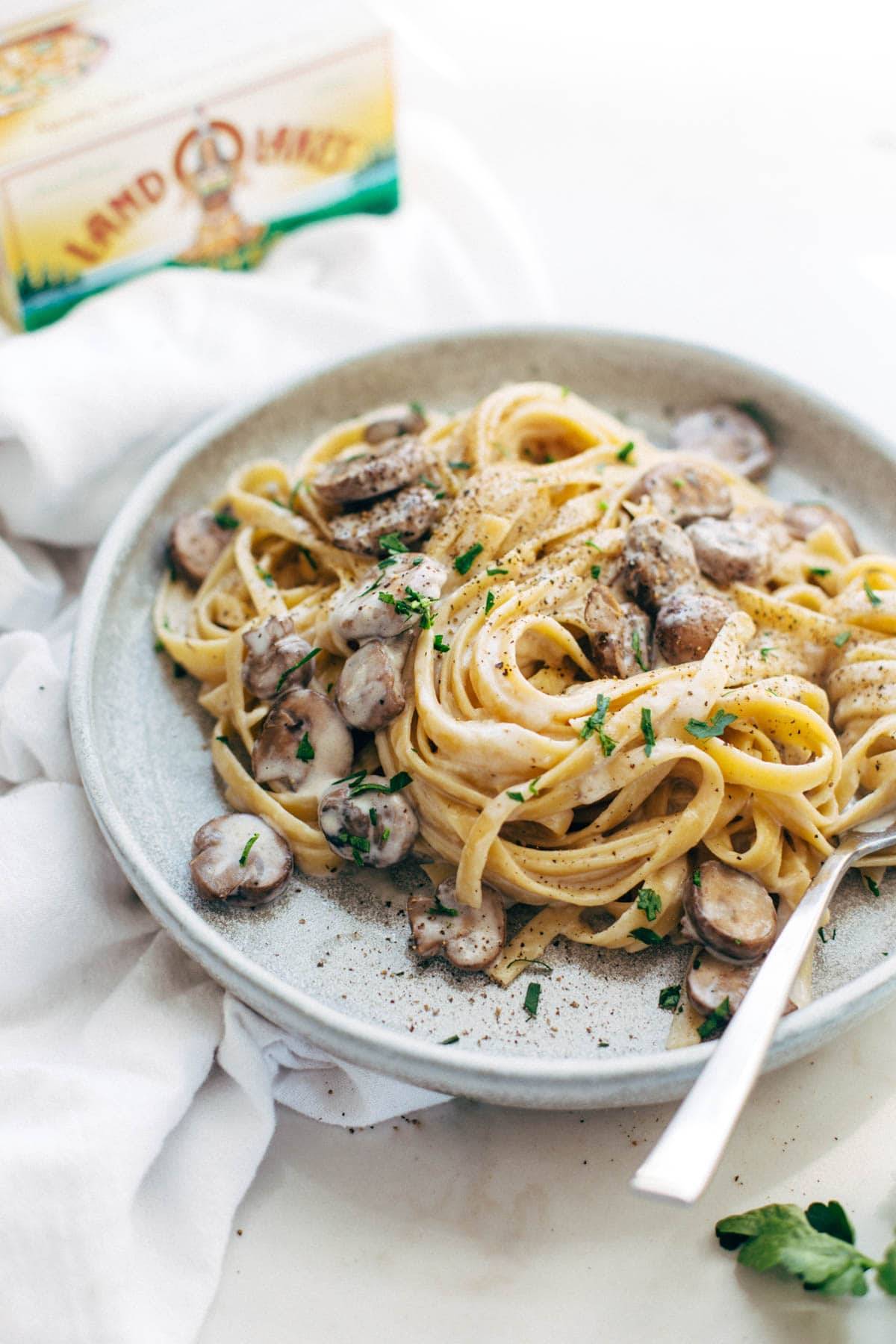 Mushroom Fettuccine on plate with fork.