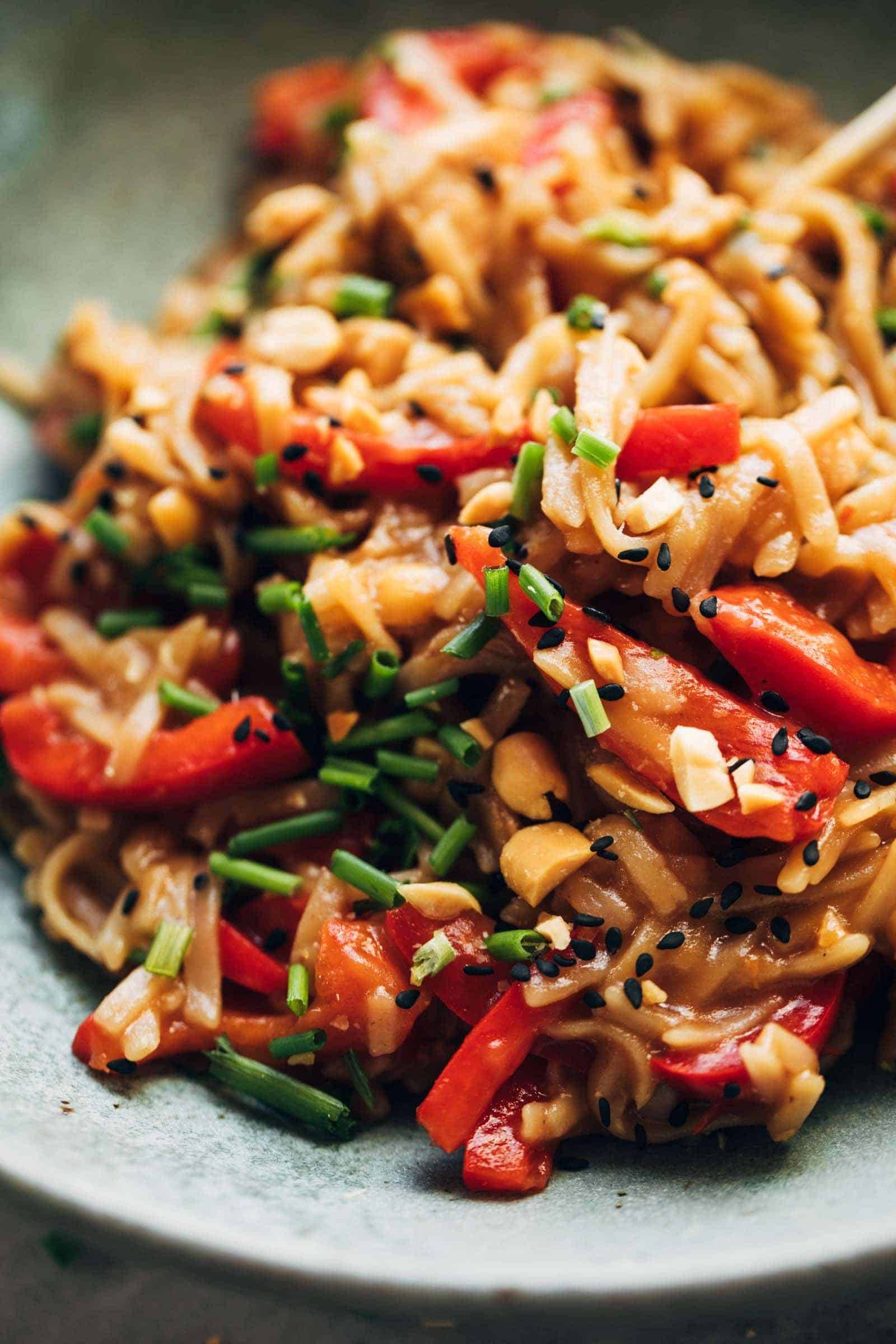 chili garlic noodles close up with toppings