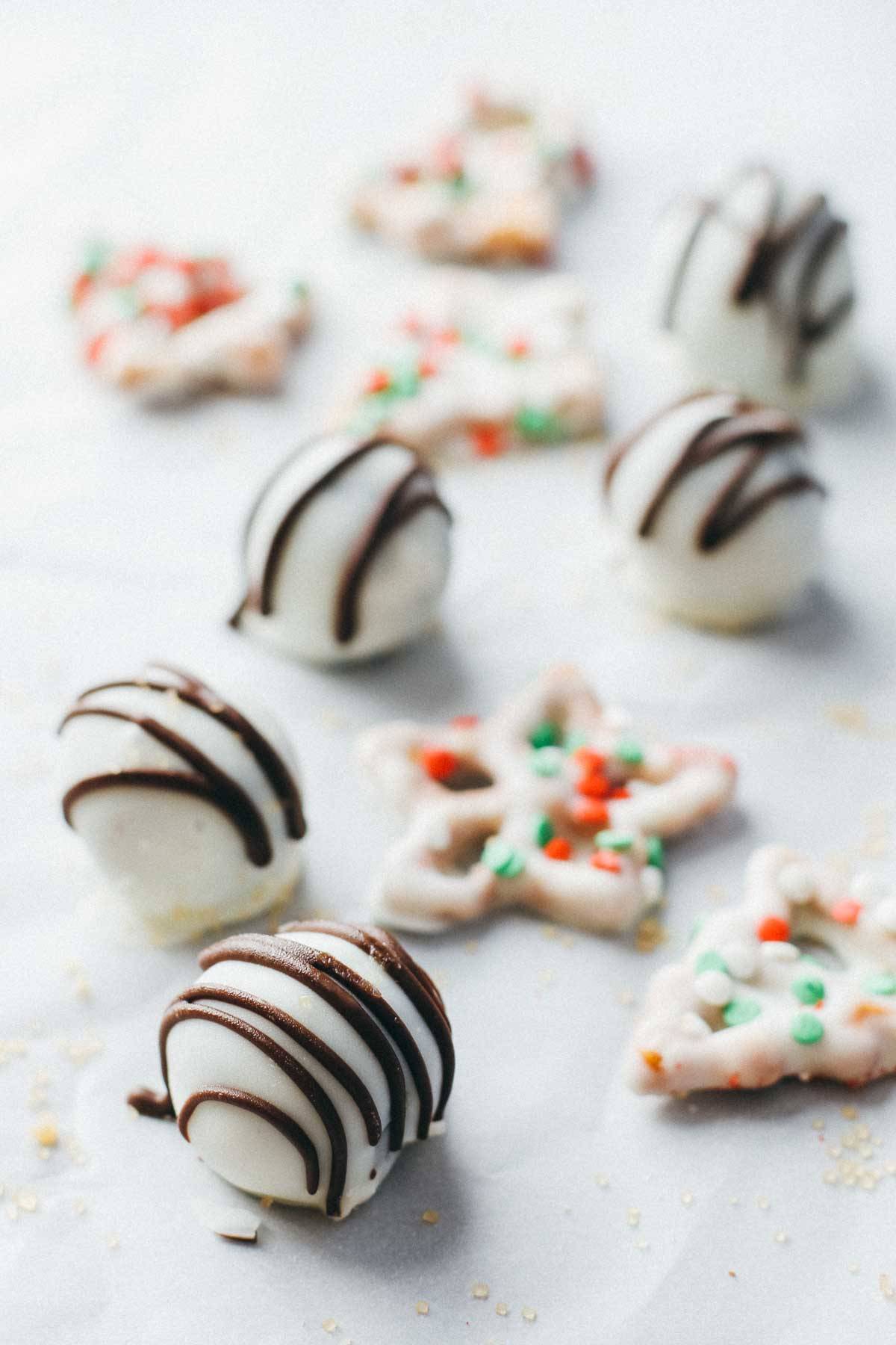 Chocolate truffles and chocolate covered pretzels.