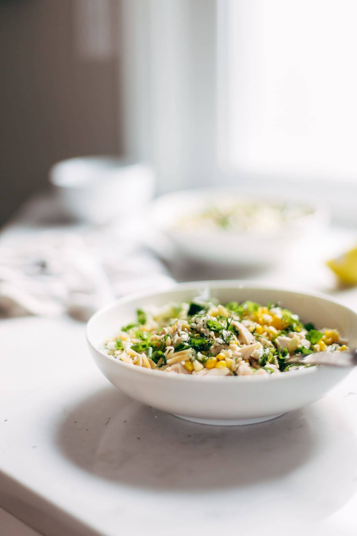 Bowl of Orzo Summer Salad.