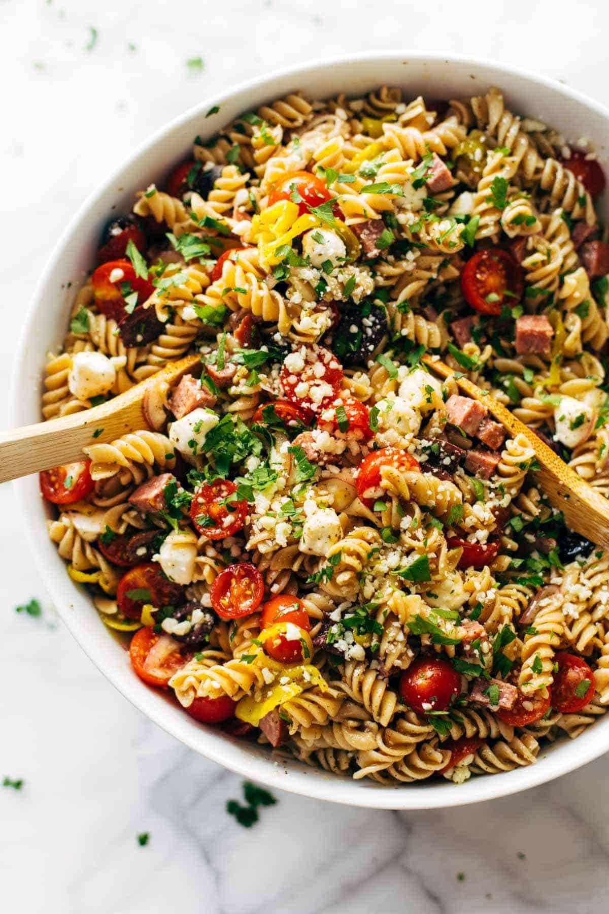 Pasta salad in serving bowl.