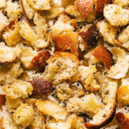 Peppery torn croutons on a sheet pan.