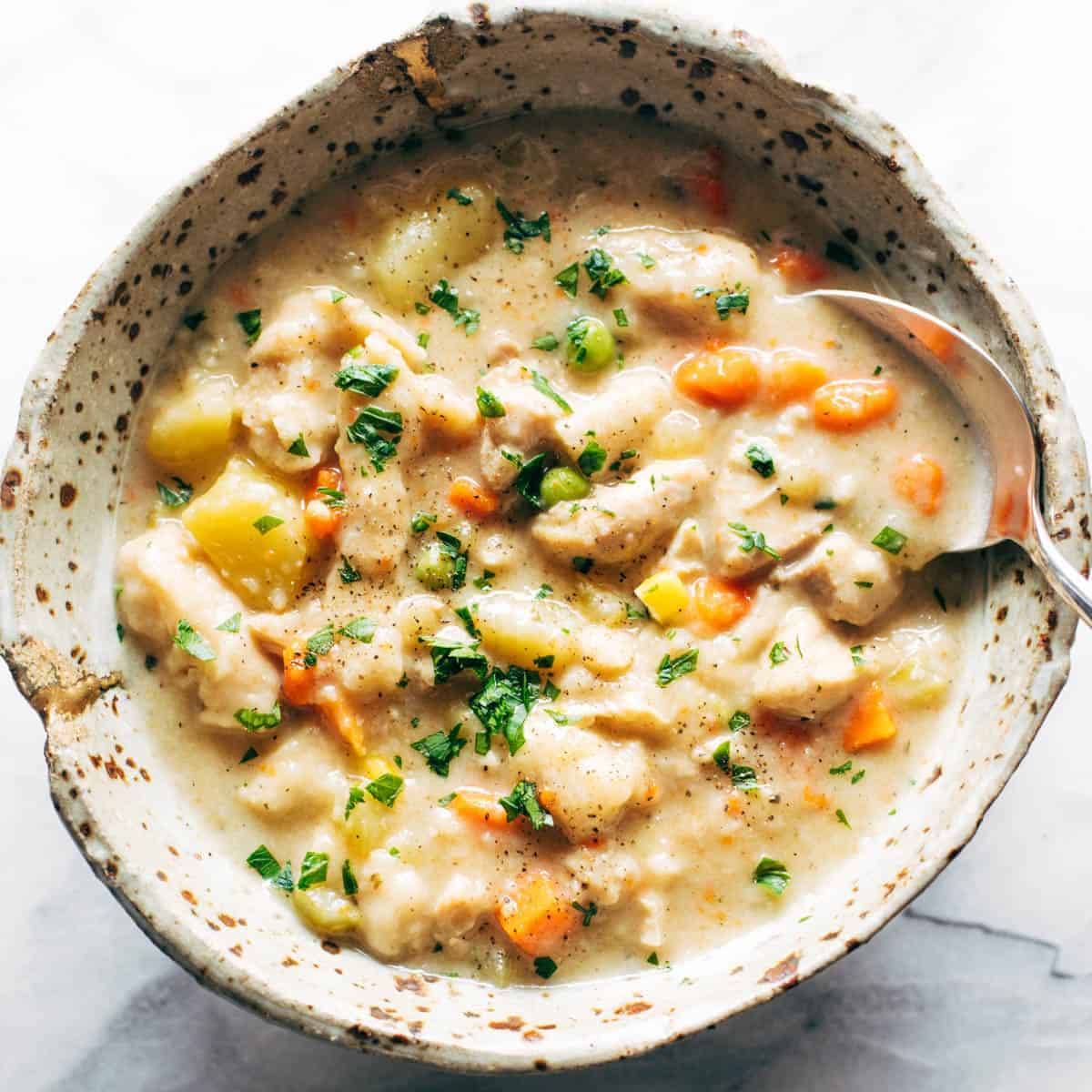 Chicken and dumplings in a bowl.