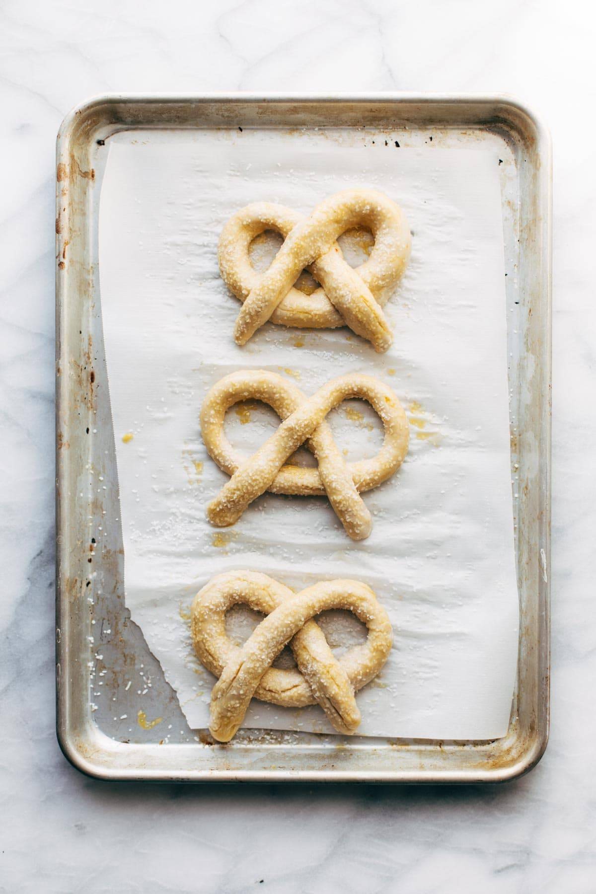 Basic Soft Pretzels on pan before baking.