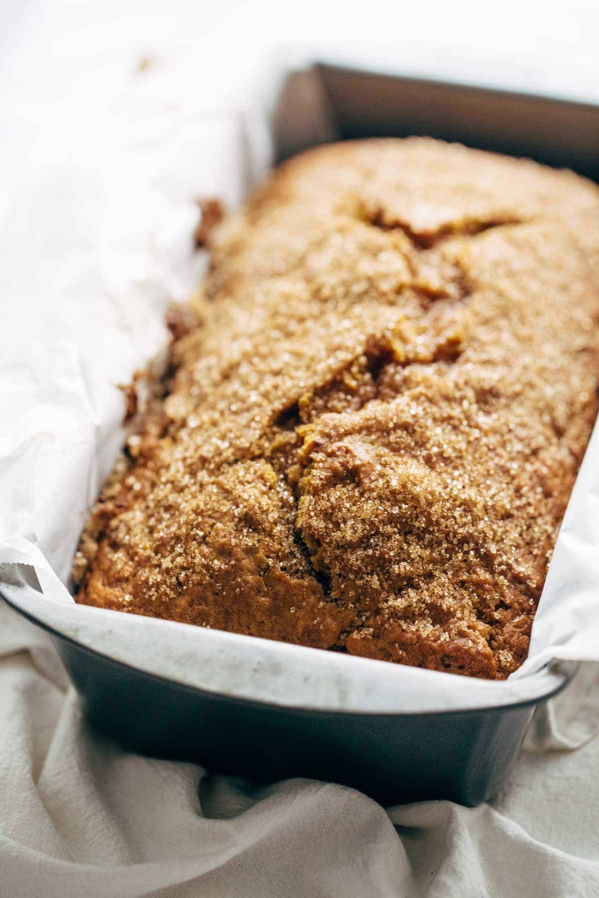 Pumpkin bread baked in a loaf pan.