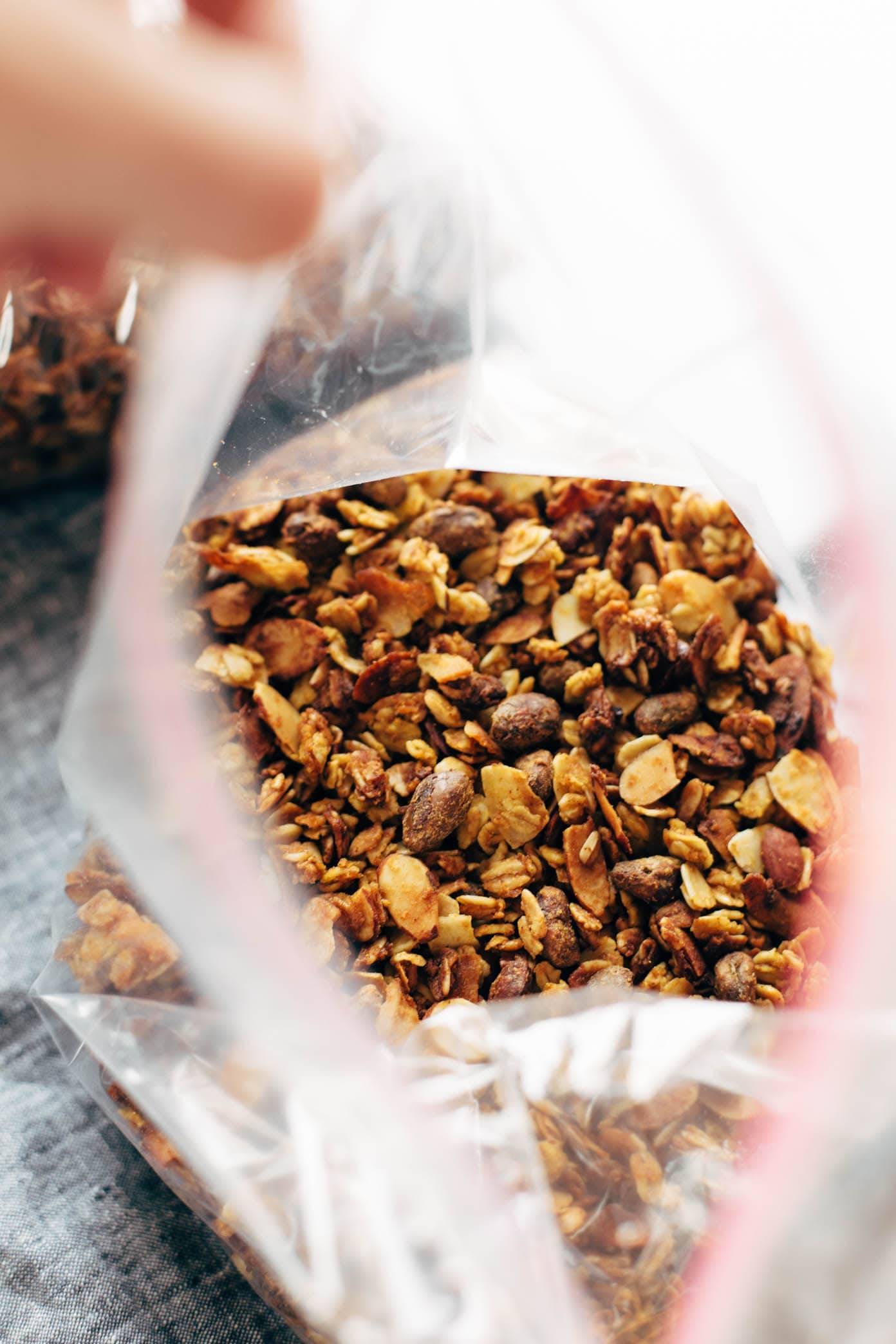 A plastic bag filled with pumpkin granola.