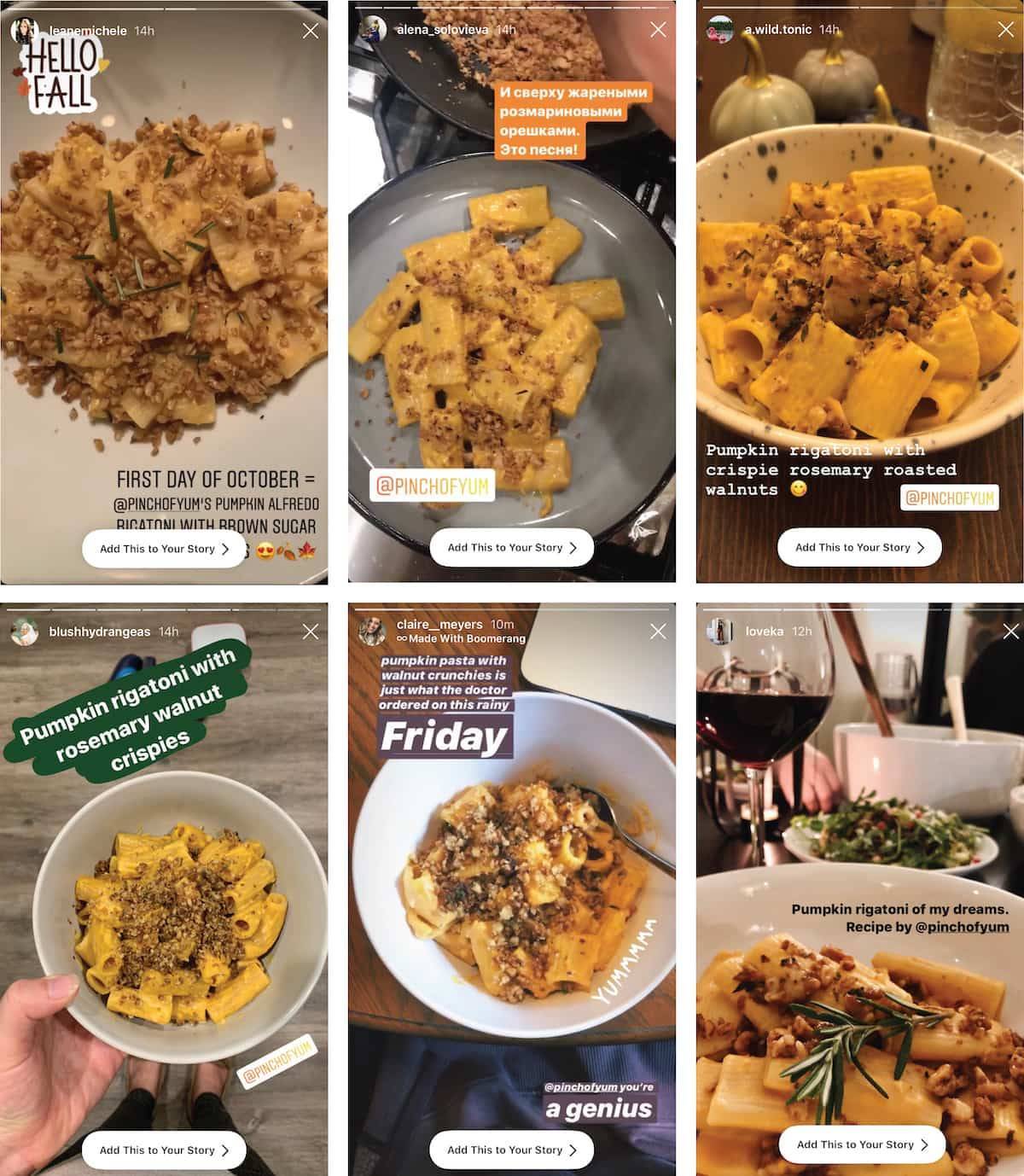 Instagram images of pumpkin rigatoni.