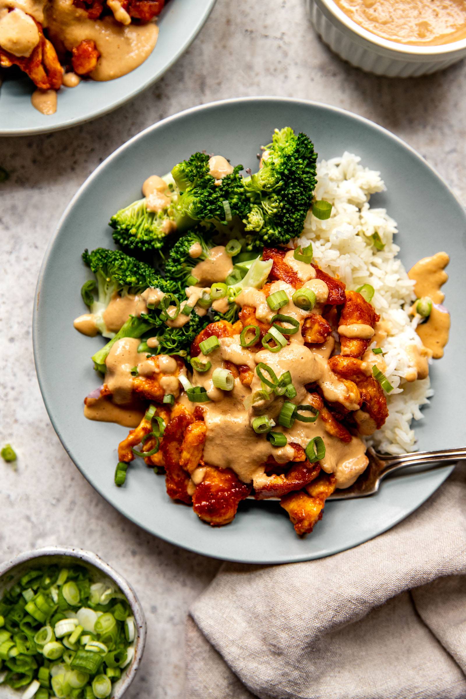 Red curry chicken stir fry on a plate with cashew sauce, broccoli, and rice