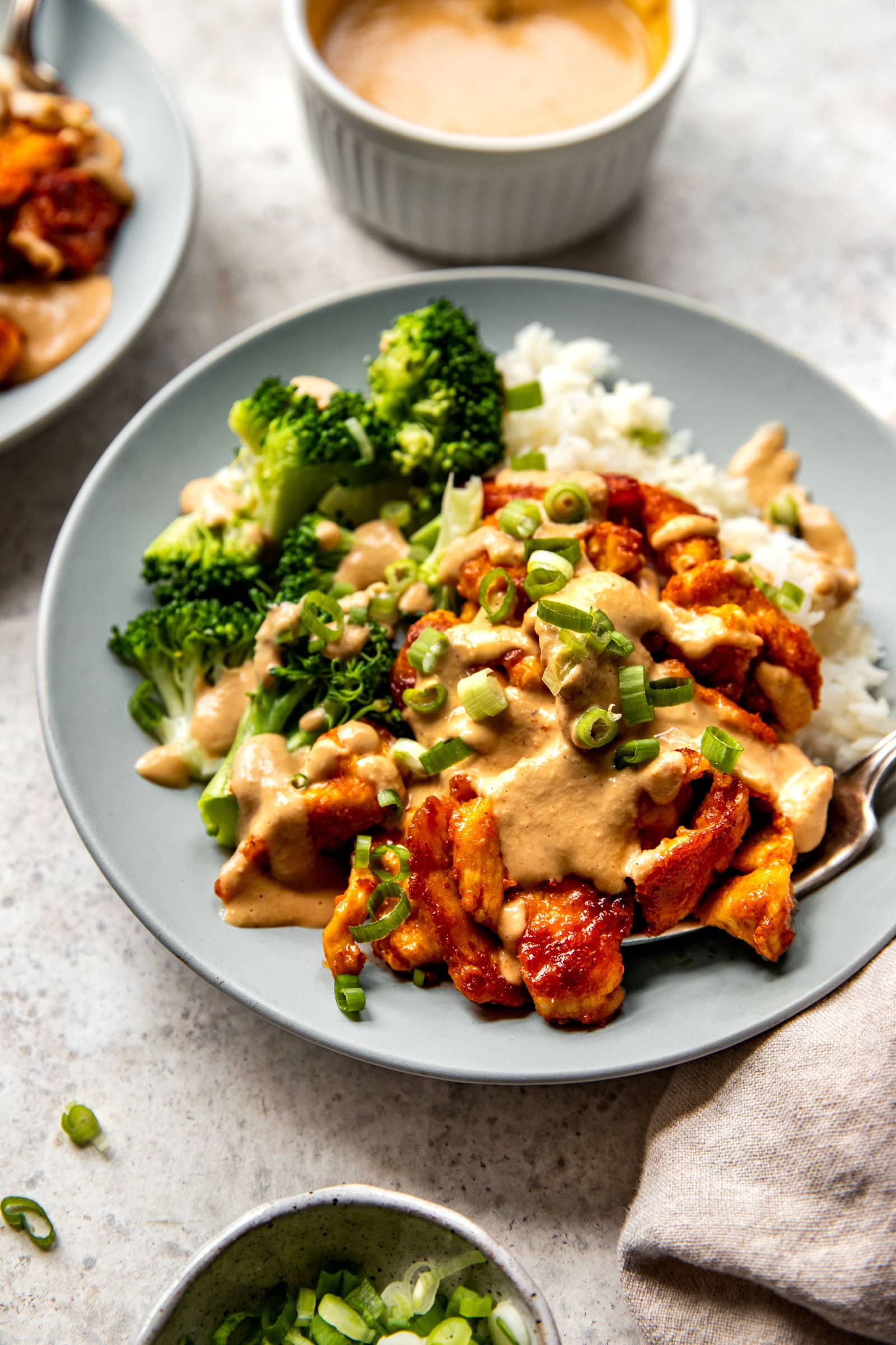 Cashew sauce on top of red curry chicken stir fry