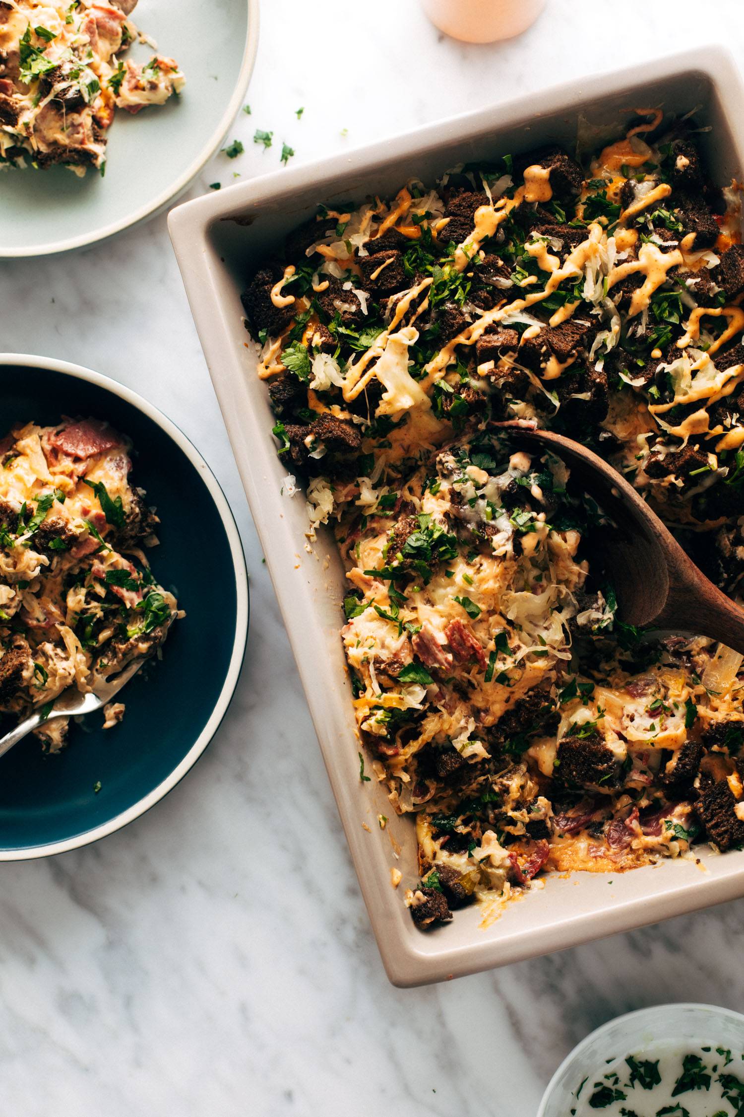 Reuben casserole in a pan