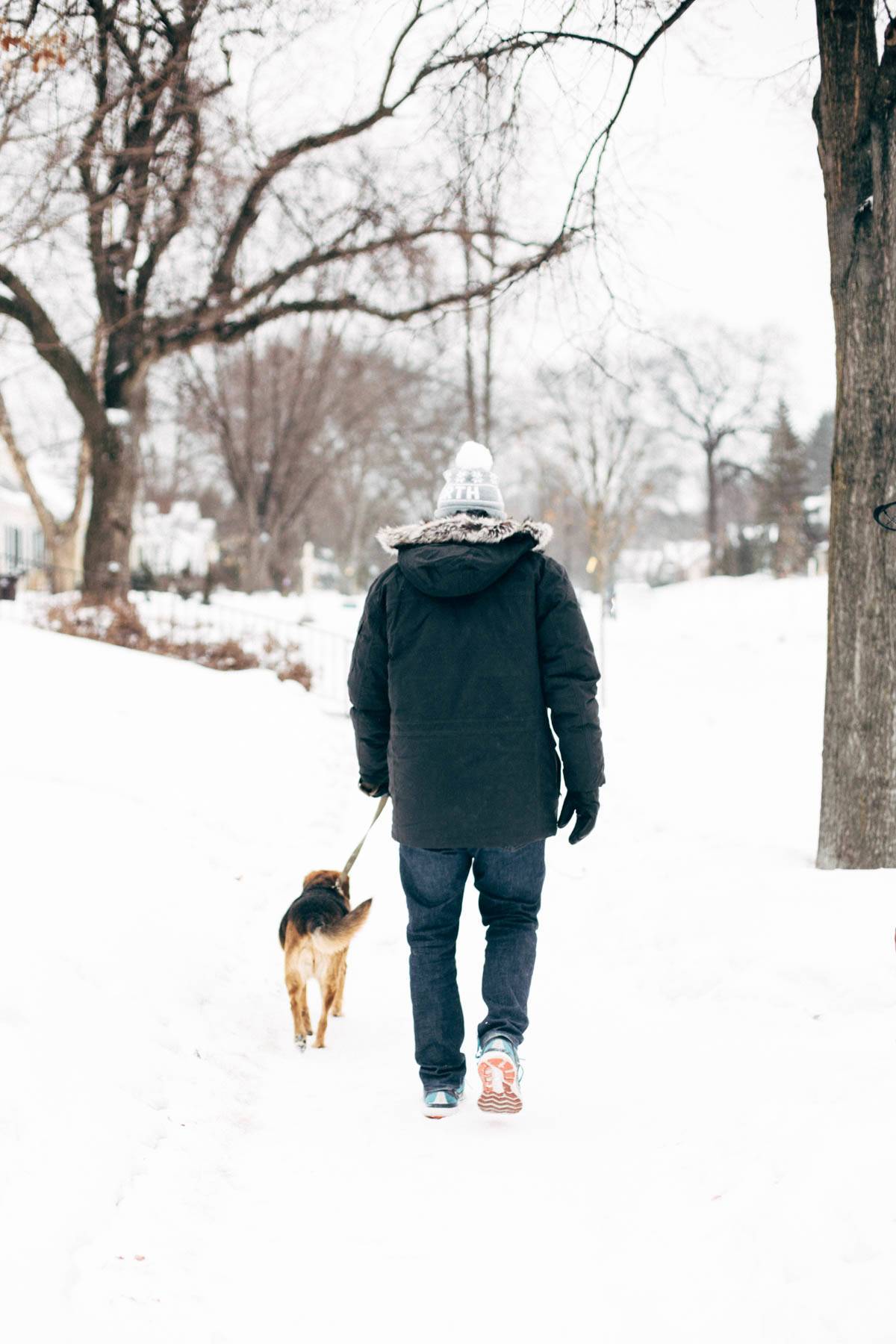 A woman walks in the snow with her dog.