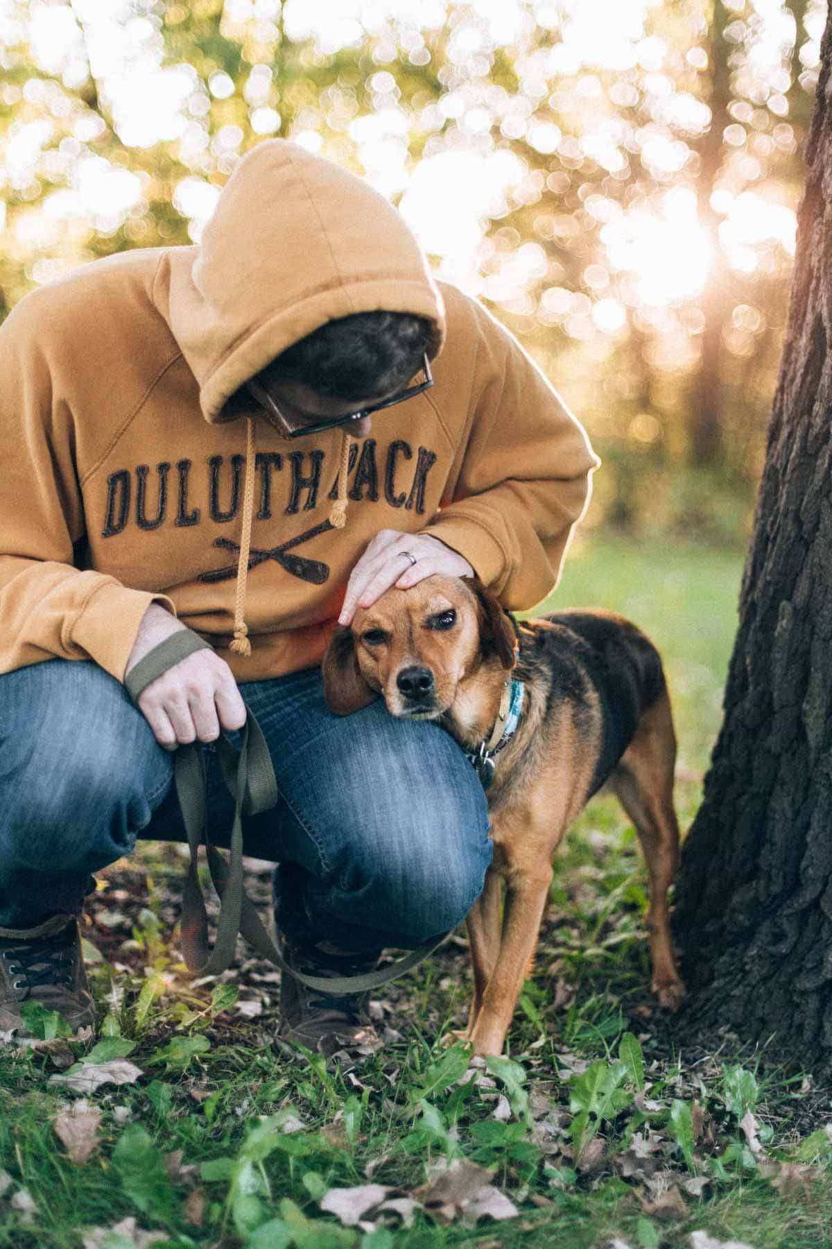 man petting a dog