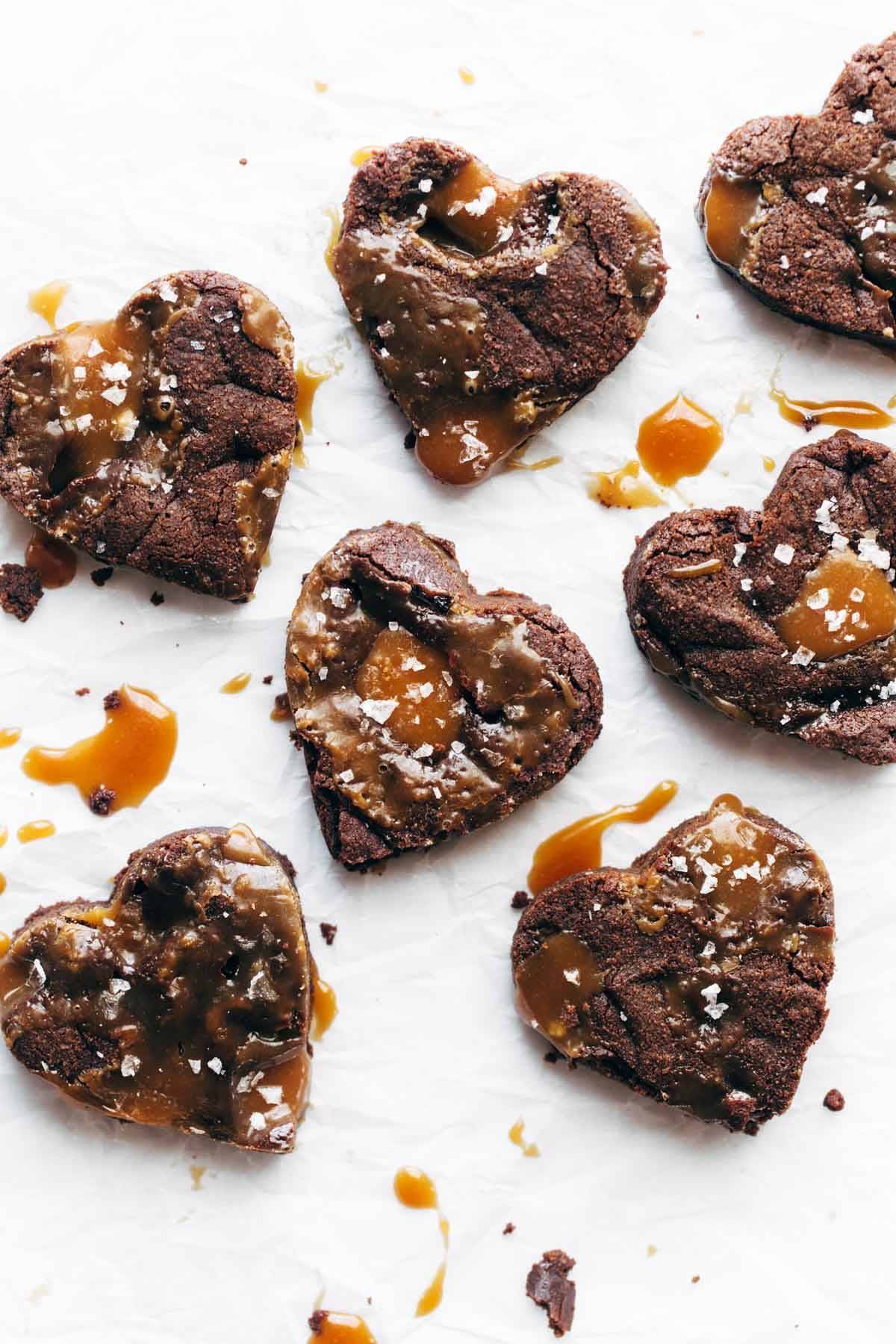 Heart-shaped salted caramel brownies.