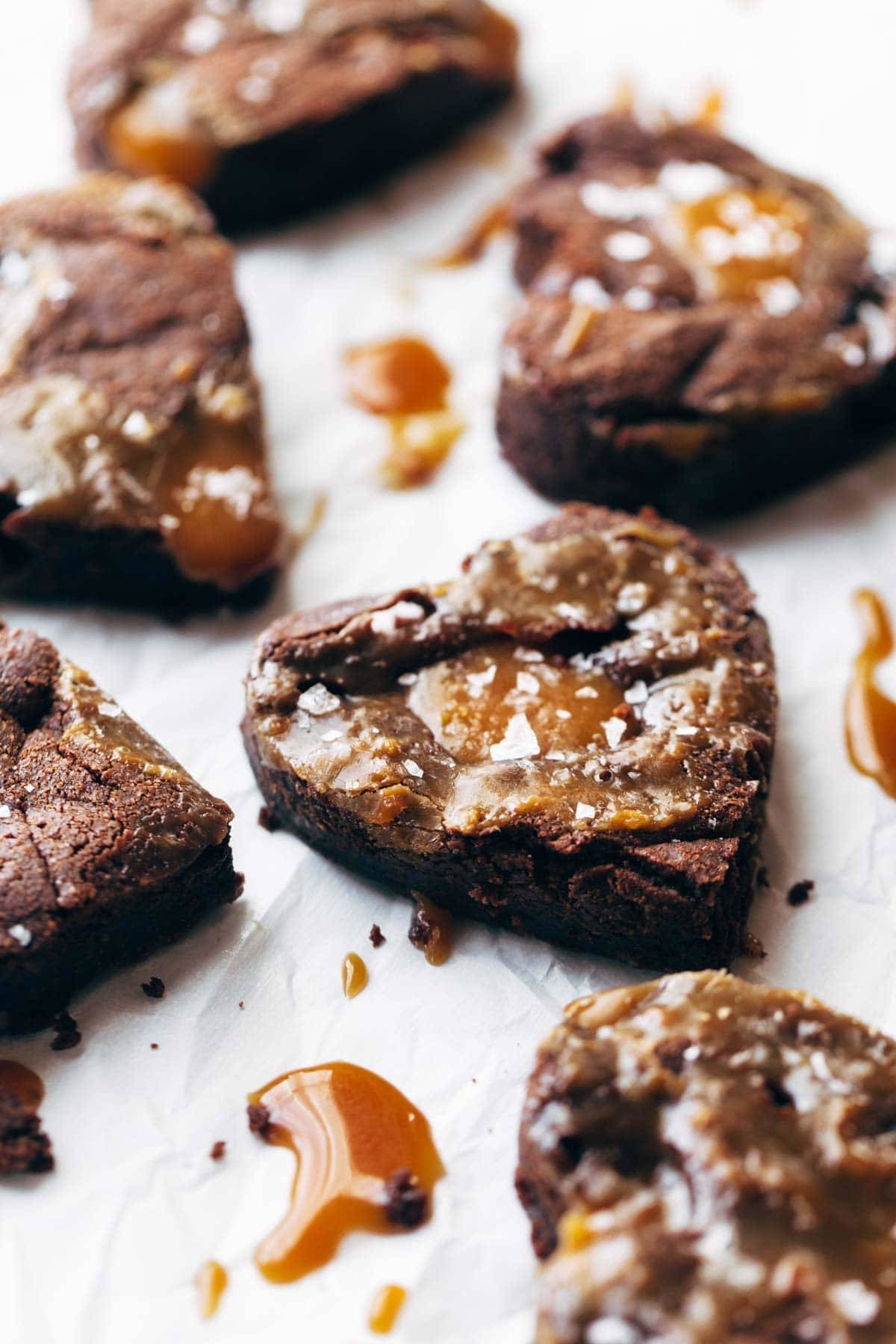 Closeup of heart-shaped salted caramel brownies.