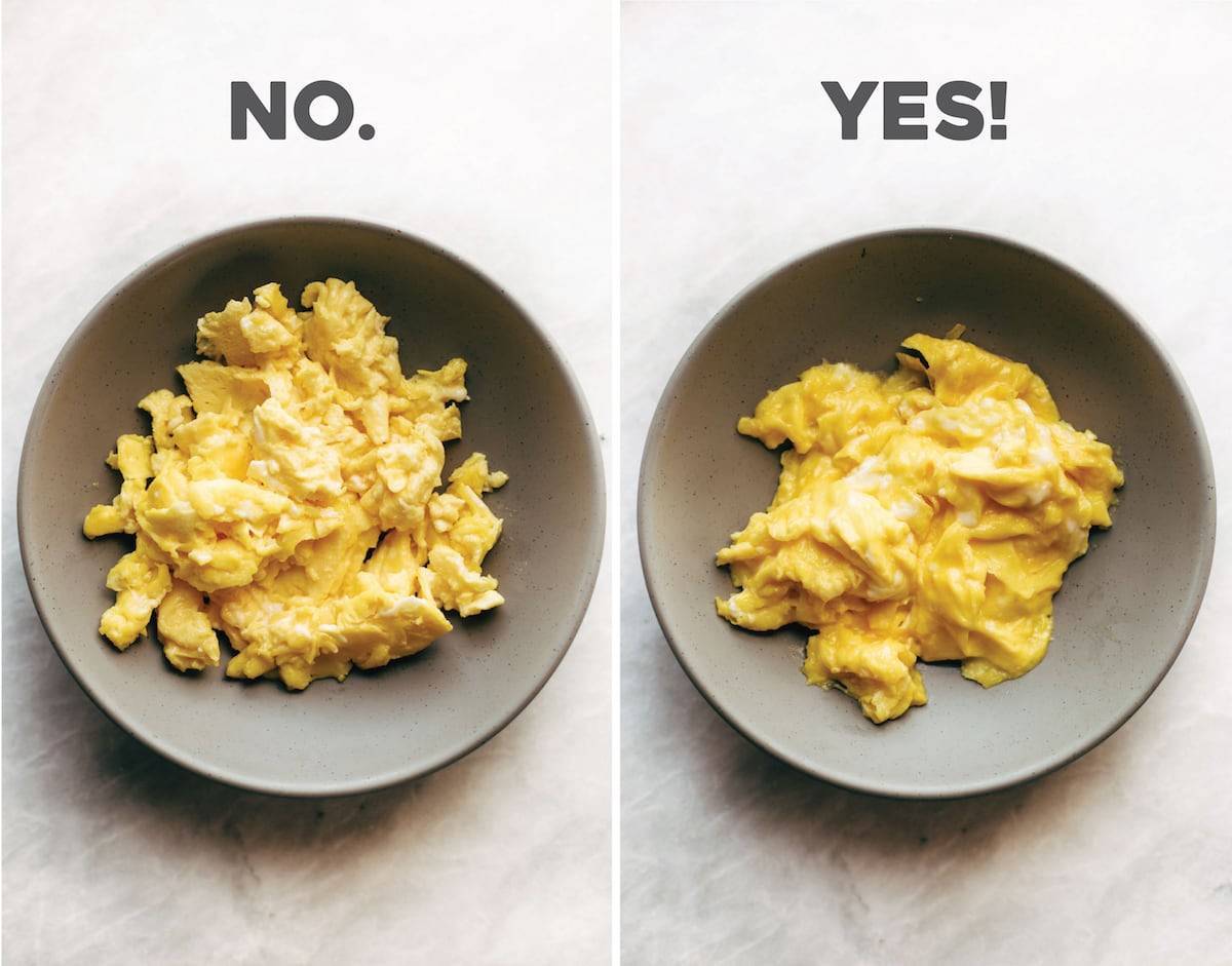 Two bowls compared cooked scrambled eggs. 