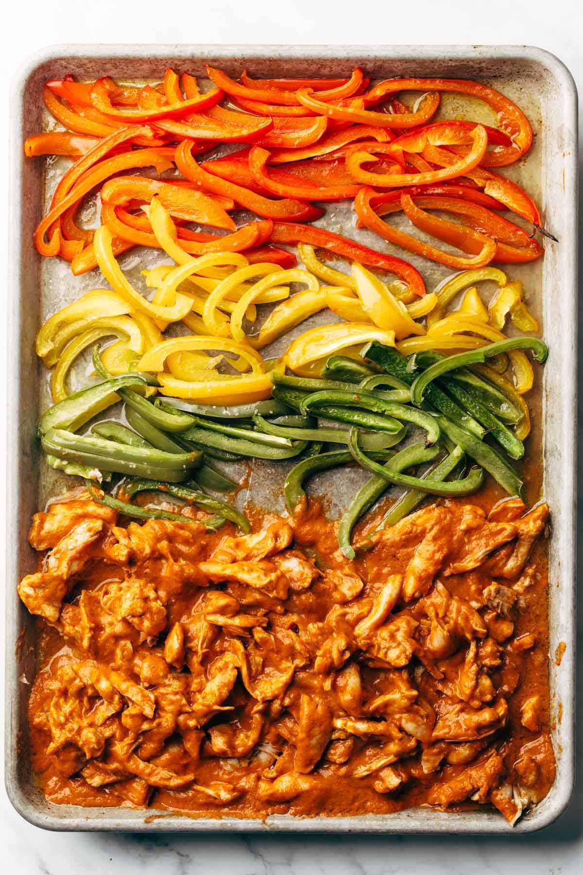 Sheet Pan Chicken Tinga with multi-colored peppers.