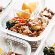 Sheet Pan Garlic Chicken and Broccoli in meal prep container.