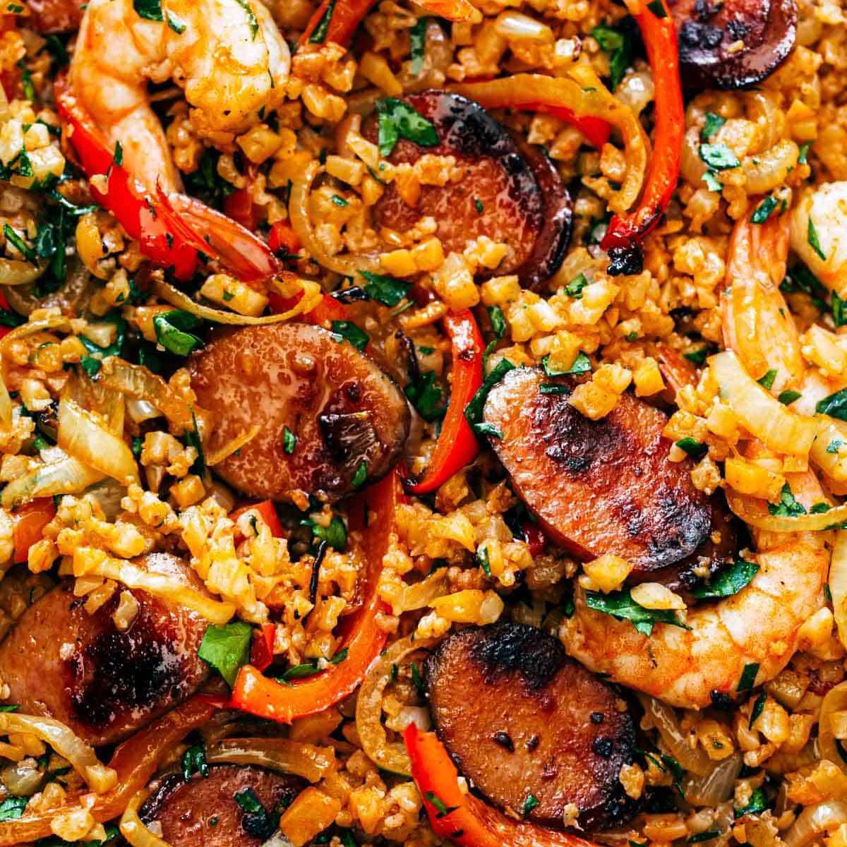 Jambalaya on a sheet pan with shrimp and sausage.