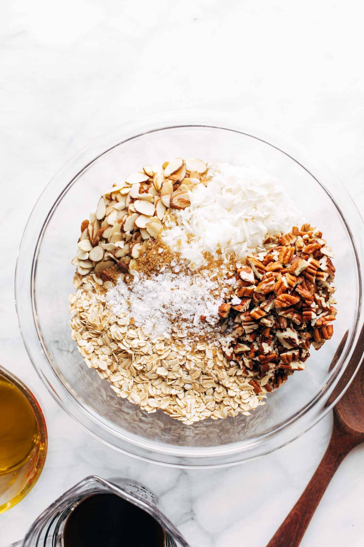 Granola ingredients in a bowl.