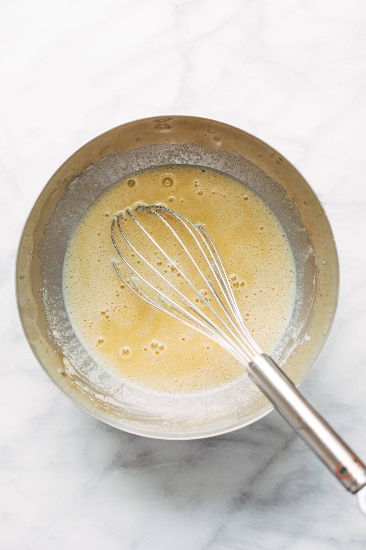 Socca batter in a bowl.