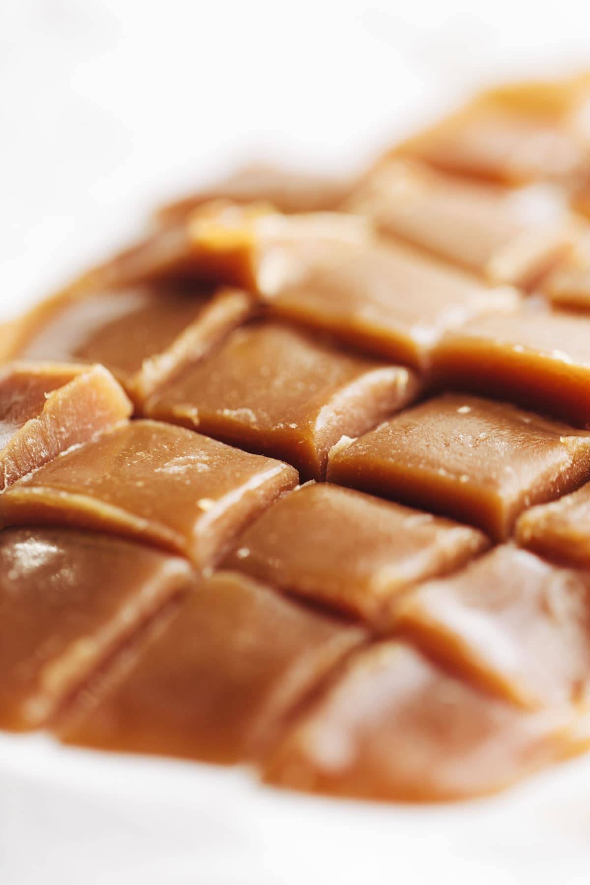 Closeup of salted caramel pieces.