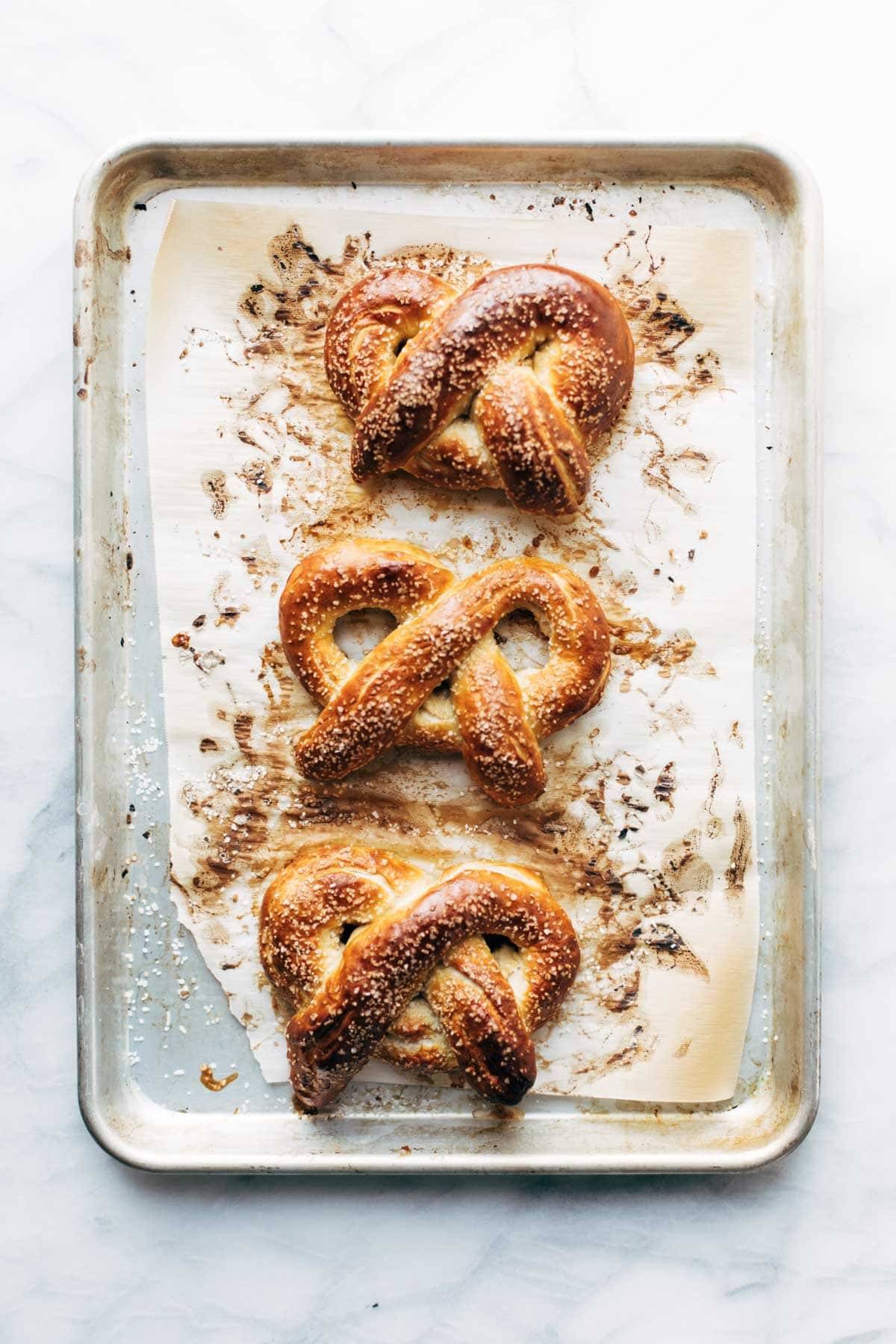 Baked Soft Pretzels on pan.