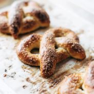 Baked Soft Pretzels on baking sheet.