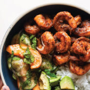 Spicy shrimp with peach salad pin.