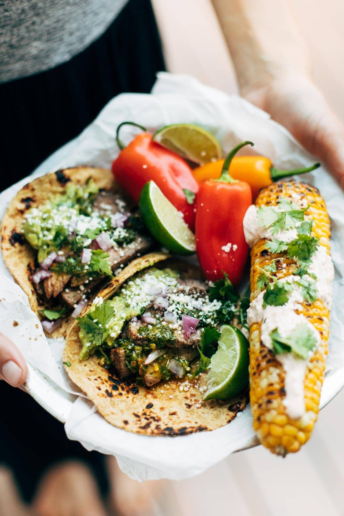 Chimichurri Steak Tacos with corn and peppers