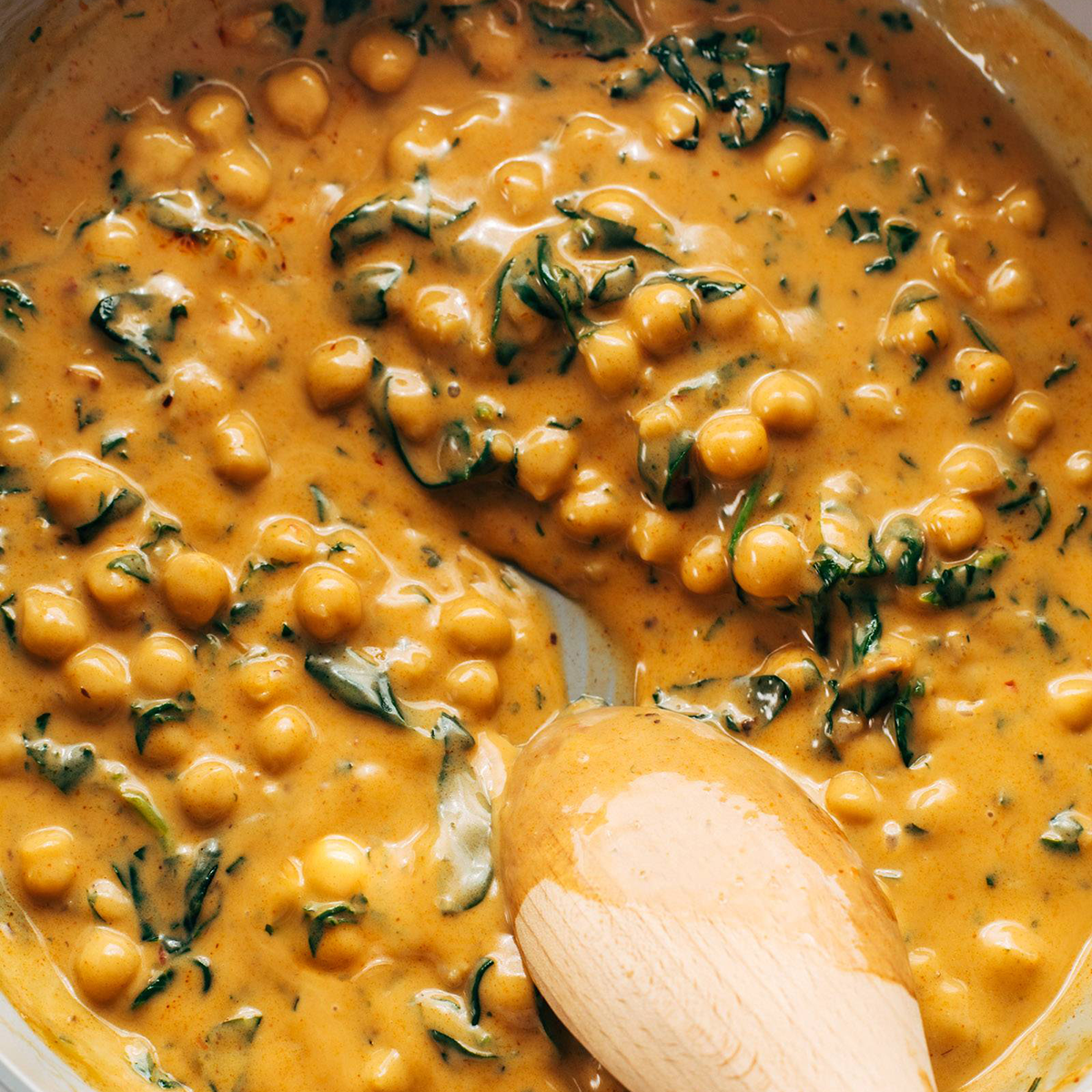 Chickpea curry in a pan.