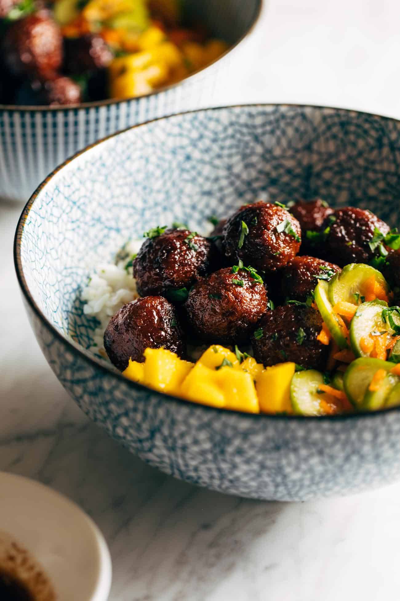 Sticky ginger rice bowls angle from the side