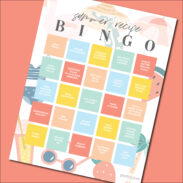 Summer bingo sheet on a pink background.