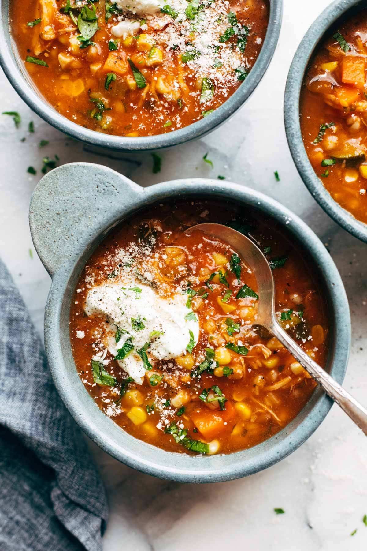 Instant Pot Summer Soup in bowls with Greek yogurt.