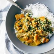 Sweet Potato Curry in a bowl with rice.