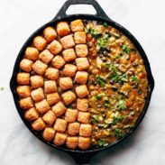 Sweet Potato Tater Tot Hotdish in a skillet before baking.